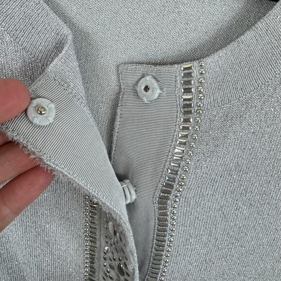 White House Black Market Silver Shimmer Studded Snap Up 3/4 Sleeve Cardigan Sz S - Picture 4 of 6